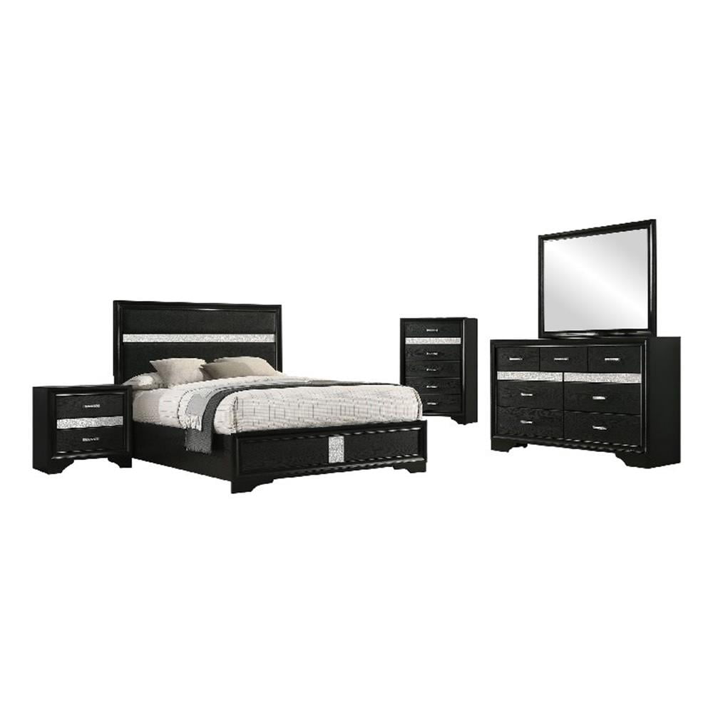 Vino Black 5pc California King Bed Set with Dressers-Glitter Accent