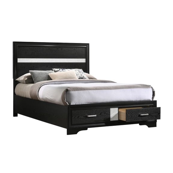 Benjara Vino Full Size Panel Bed with 2 Storage Drawers, Acrylic Glitter, Black