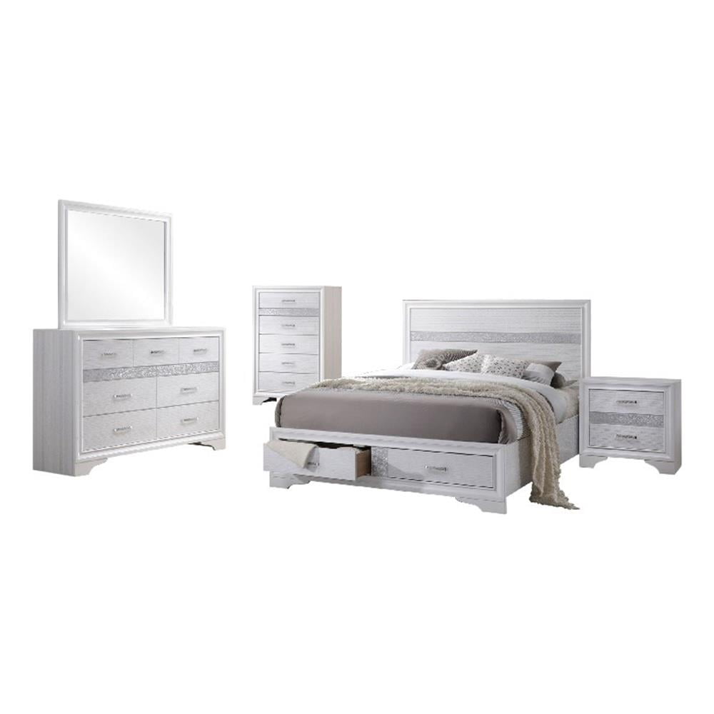 Vino White 5pc California King Bed Set with Dressers-Glitter Accent