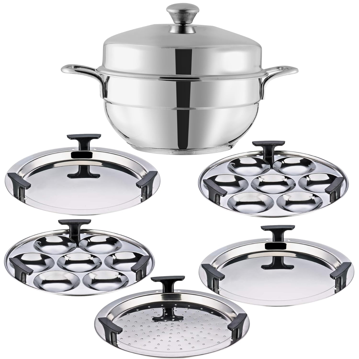 Vinod Gen-Z Stainless Steel Multi Kadai with 6 Plates - 19 cm| 2 Idli, 2 Dhokla and 1 Patra Plate | All in One Multi Purpose Kadhai