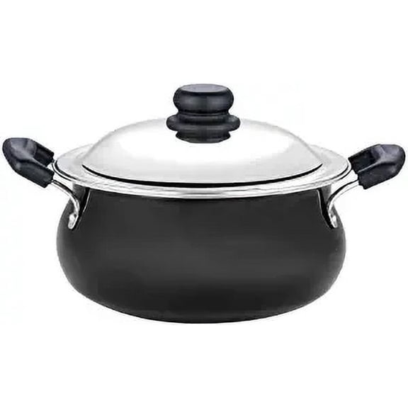 Vinod Hard Anodised Handi Stainless Steel Lid Black Pearl Large Size 6.5 Liters ( 6.8 Quarts) Suitable For Biryani, Pulao, Gravy Aluminium Pot Riveted Handles - Metal Spoon Friendly