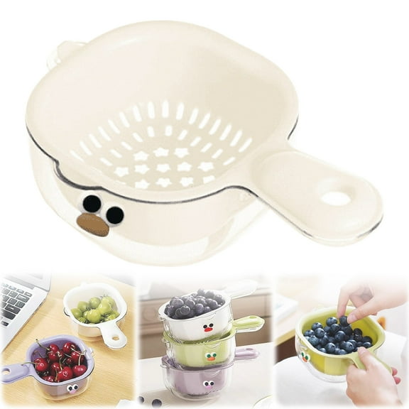 Vinoic 2 Layer Kitchen Draining Basket with Handle, Collapsible Dish Drainer Rack, Sink Organizer for Drying Fruits, Vegetables, Dishes, Space Saving, Includes Mat, Ivory White, Beige