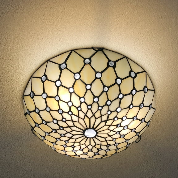Vinplus Tiffany 3 Light Flush Mount Ceiling Light 16" White Finish with Tiffany Glass