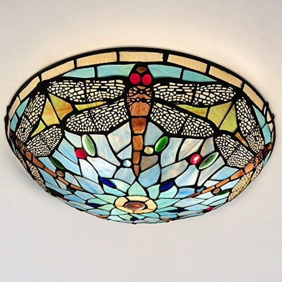 Vinplus Tiffany 3 Light Flush Mount Ceiling Light 16" White Finish with Tiffany Glass