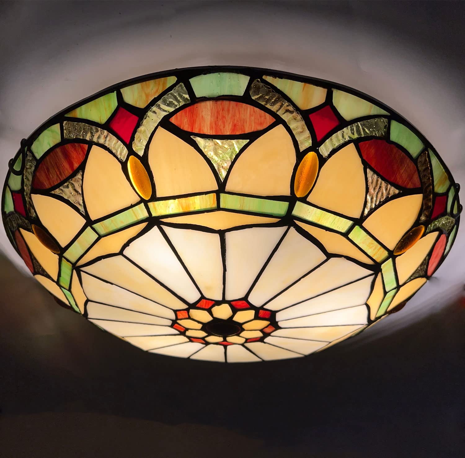 Vinplus Tiffany 3 Light Flush Mount Ceiling Light 16" White Finish with Tiffany Glass