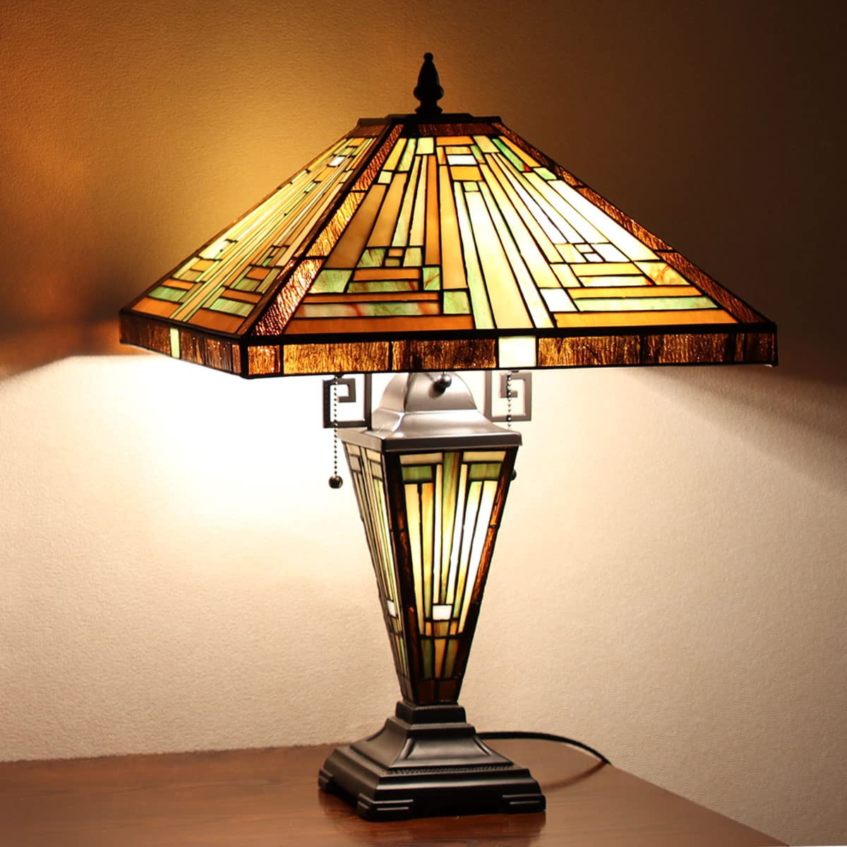 Vinplus Tiffany Large Table Lamp 3-Light with Nightlight Mission Rustic Antique Style Desk Light