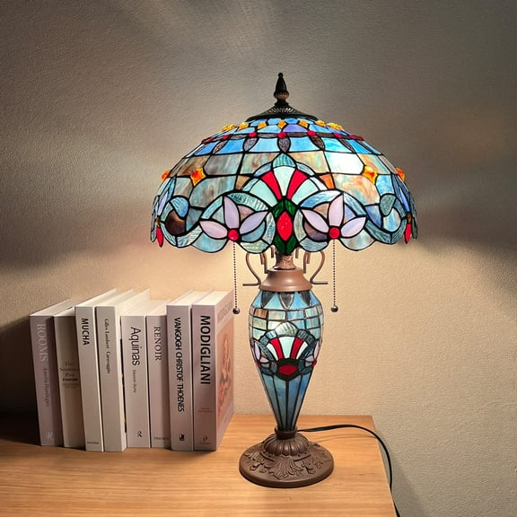 Vinplus Tiffany Large Table Lamp 3-Light with Nightlight Rustic Victorian Style Desk Light