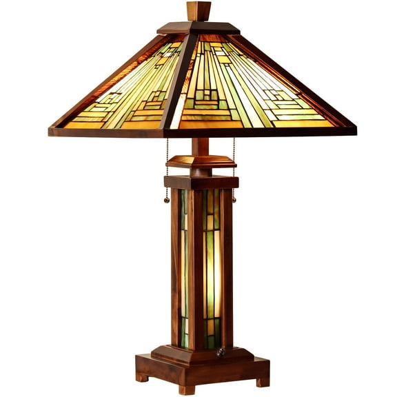 Vinplus Tiffany Table Lamp 3-Light with Night Light Antique Mission Traditional Style Wood Base Desk Lamp for Living Room Bedroom Office