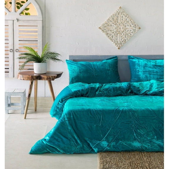 Vinsan Decor Ultra-Luxe Crushed Velvet Duvet Cover, Boho Bedding UO Comforter Donna Cover, California King Size 3 Pieces Set 1 Comforter Cover and 2 Pillow Shams Turquoise Blue Color