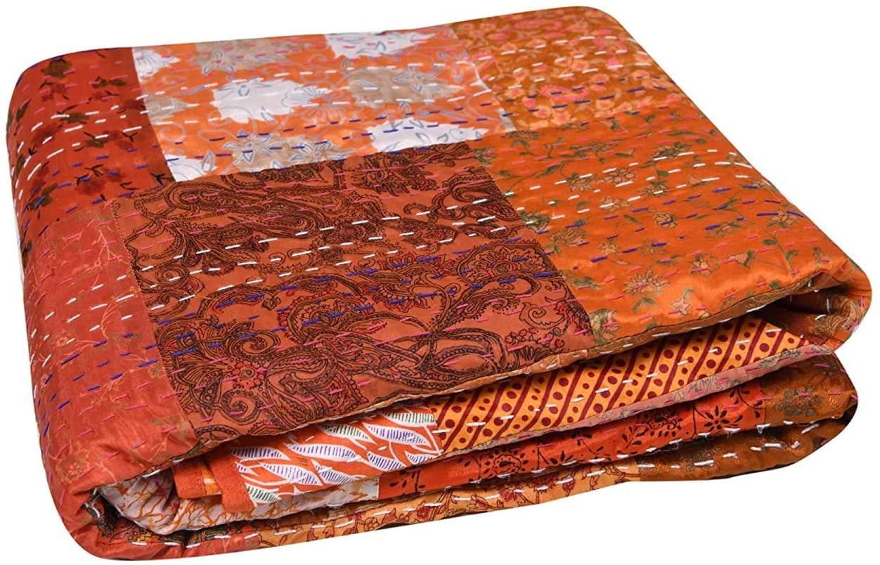 Vintage, Indian Ajarakh Printed Kantha Quilt, Gudri bedcover, Coverlet, Kantha Bedspread, Kantha top Blanket,Queen Size Quilt, Cotton Quilt