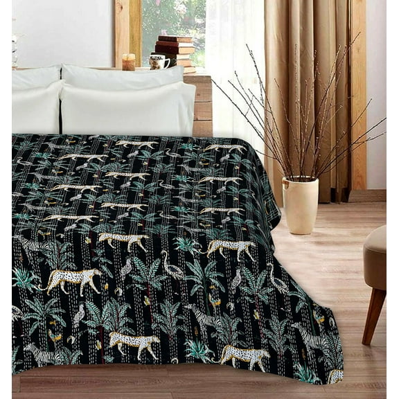 Vinsan Indian Handmade Cotton Jungle Print Kantha Quilt Tribal Bed Cover Bedspread Blanket Picnic Throw Coverlet Reverisble Bed Throw Black Color Baby  Size 50" x 70"