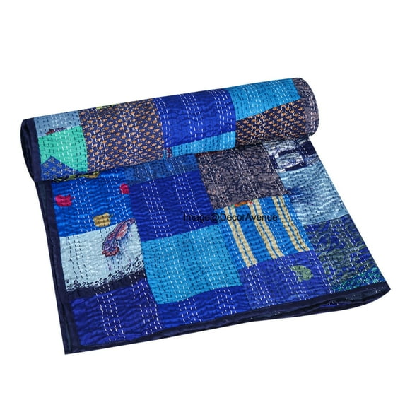 Vinsan Indian Handmade Silk Patchwork Kantha Bedspread Quilts Reversible Boho Bed Cover Throw Navy Blue Color Baby Size 90 x 108 Inches With Pillow Sham