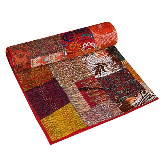 Vinsan Indian Handmade Silk Patchwork Kantha Bedspread Quilts Reversible Boho Bed Cover Throw Red Color Baby Size 40 x 60 Inches