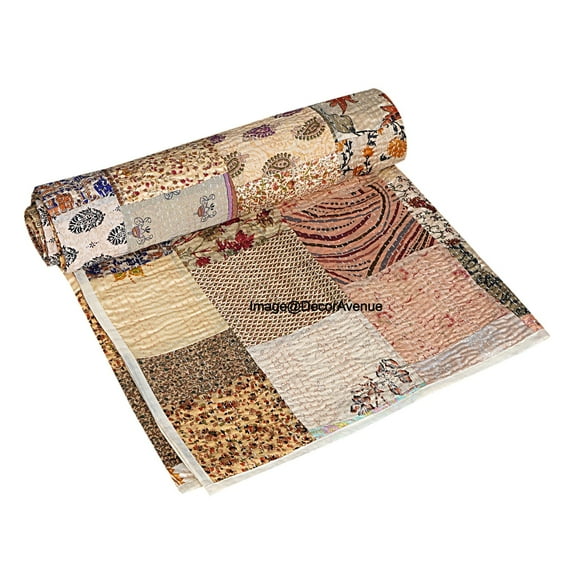 Vinsan Indian Handmade Silk Patchwork Kantha Quilts Boho Bed Cover Beige Color Queen Size 90 x 108 Inches