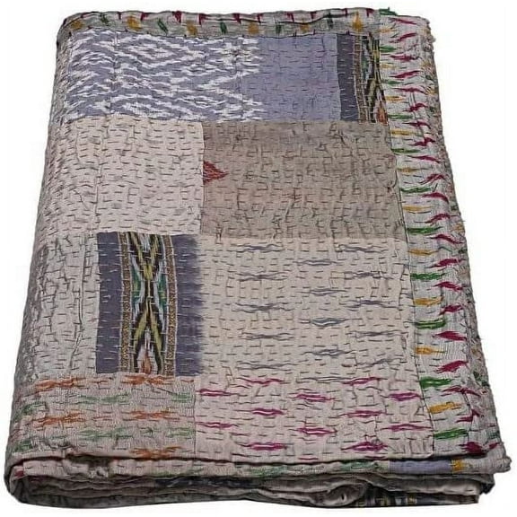 Vinsan Indian Handmade Silk Patchwork Kantha Quilts Boho Bed Cover Gray Color Baby Size 40 x 60 Inches