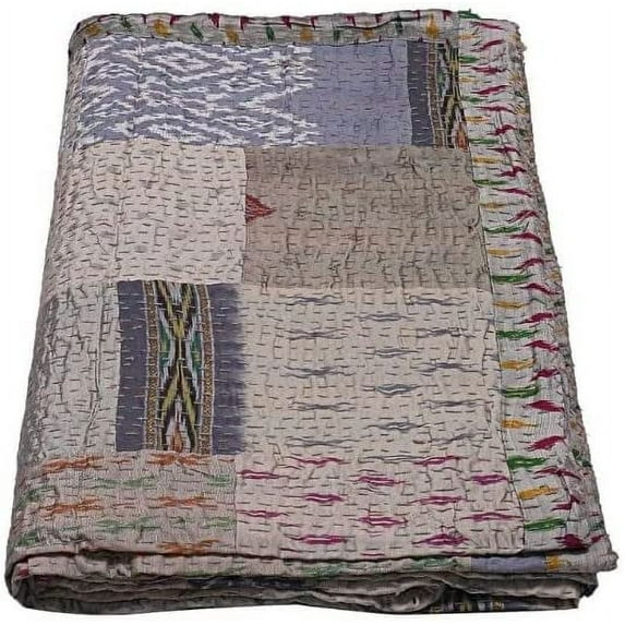 Vinsan Indian Handmade Silk Patchwork Kantha Quilts Boho Bed Cover Gray Color King Size 108 x 108 Inches