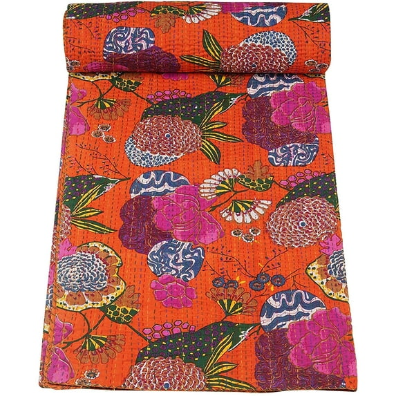 Vinsan International Handmade Kantha Quilts Cottage Throw Blanket Bohemian Bed Cover, Orange, King size 108"x 108"