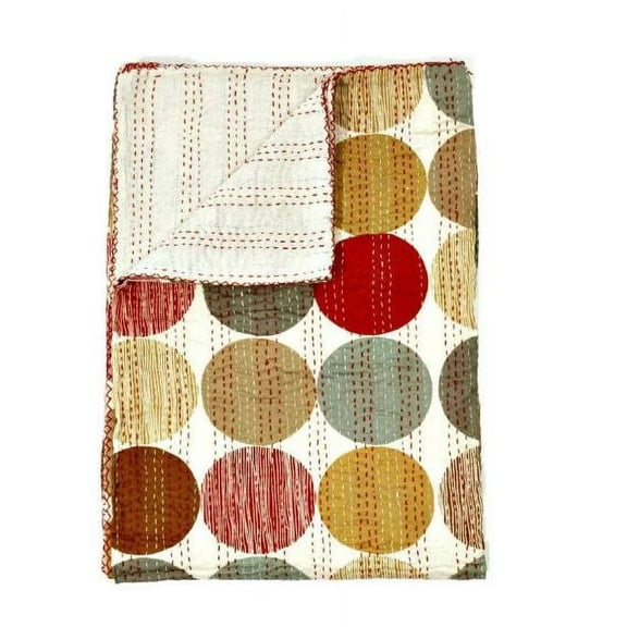 Vinsan International Indian Handmade Cotton Polka Dot Printed Kantha Quilt Tribal Bed Cover Bedspread Blanket Picnic Throw Coverlet Reverisble Bed Throw Multi Color Twin Size 60" x 90"
