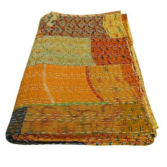 Vinsan International Indian Handmade Silk Patch Work Kantha Quilt Tribal Bed Cover Bedspread Blanket Picnic Throw Coverlet Reverisble Bed Throw Yellow Color Baby Size 40" x 60"