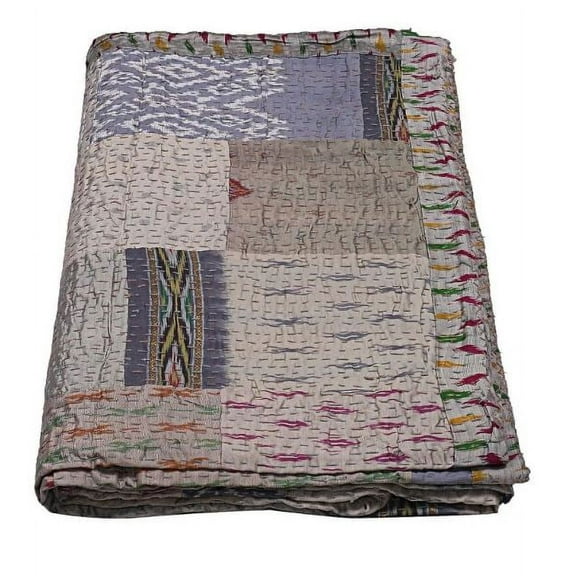Vinsan International Indian Handmade Silk Patchwork Quilt Tribal Bed Cover Bedspread Blanket Picnic Throw Coverlet Reverisble Bed Throw Gray Color Twin Size 60" x 90"