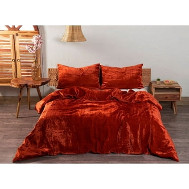 Vinsan International Ultra-Luxe Velvet Duvet Cover, Boho Bedding UO Comforter Donna Cover, 3 Pcs Set Rust Color Duvet Set, Velvet Bedding Set King Size