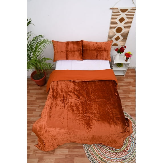 Vinsan International Ultra-Luxe Velvet Duvet Cover, Boho Bedding UO Comforter Donna Cover, 3 Pcs Set Rust Color Duvet Set, Velvet Bedding Set Queen Size