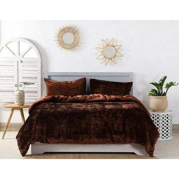 Vinsan International Ultra-Luxe Velvet Duvet Cover, Boho Bedding UO Comforter Donna Cover, 3 Pcs Set Brown Color Duvet Set, Velvet Bedding Set Queen Size