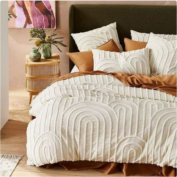 Vinsan Tufted Cotton Duvet Cover set, Boho Bedding Comforter Cover 1 Duvet Cover 2 Shams Off White Color Zip Closure California King Size 98" x 104"