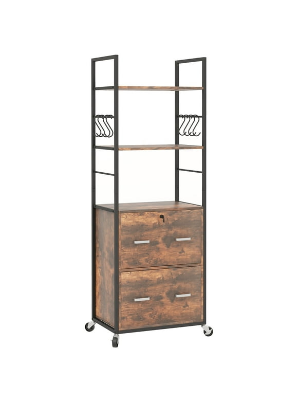 Vinsetto 2 Drawer Mobile File Cabinet with Lock & Hanging Bar, Rustic Brown