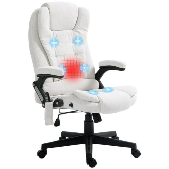 Vinsetto 6 Point Massage Office Chair with Heat Function, Reclining Executive Linen High Back Chair Adjustable Armrests Remote, Cream White