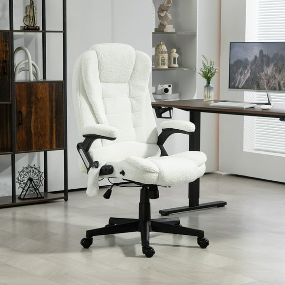 Vinsetto 6 Point Vibrating Massage Office Chair with Heat, Velvet High Back Executive Office Chair with Reclining Backrest, Armrests, White