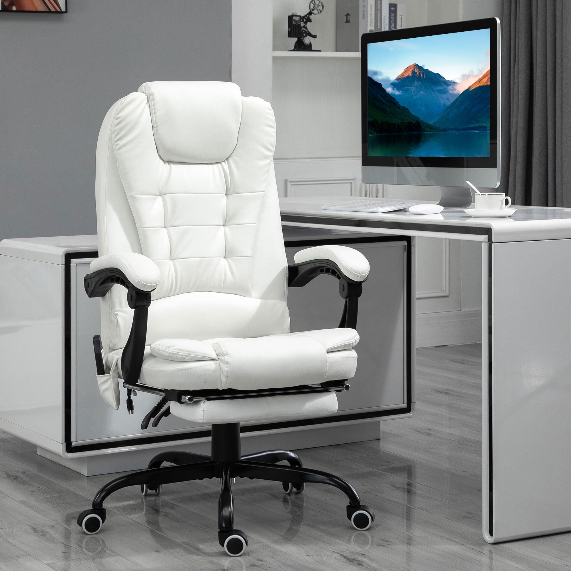White High Back Swivel Leather Office Chair with Metal Base