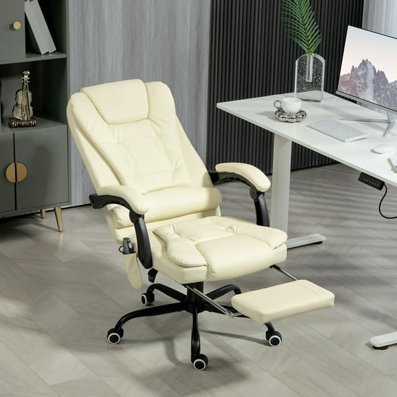 Vinsetto 7-Point Vibrating Massage Office Chair Computer Chair with Lumbar Support, Footrest, Reclining Back, Adjustable Height, Cream White