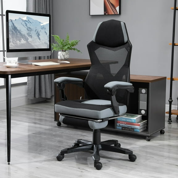 Vinsetto Ergonomic Home Office Chair High Back Armchair Computer Desk Recliner with Footrest, Mesh Back, Lumbar Support and Wheels, Gray