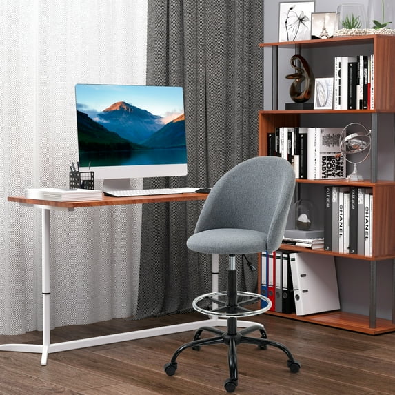 Vinsetto Ergonomic Rolling Drafting Chair for Standing Desk, Linen Office Stool with Adjustable Foot Ring and Steel Base, Gray