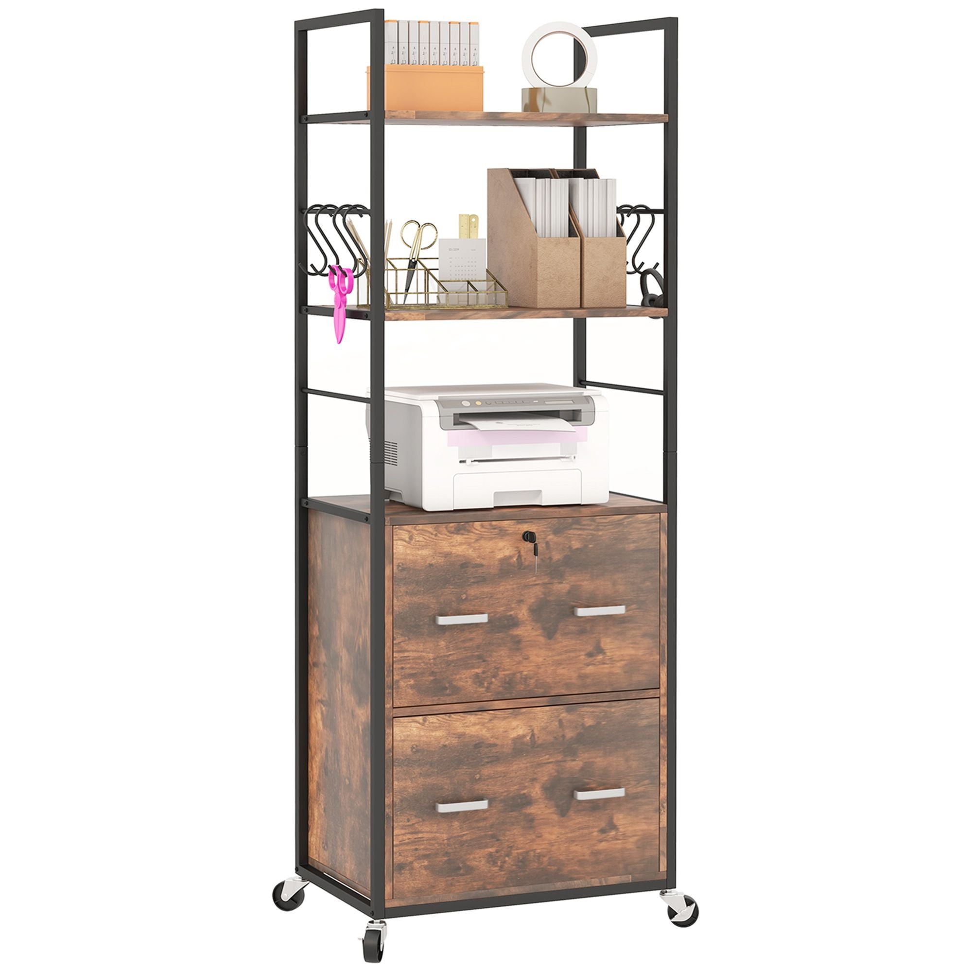 Rustic Brown 2 Drawer Mobile File Cabinet with Lock and Shelves