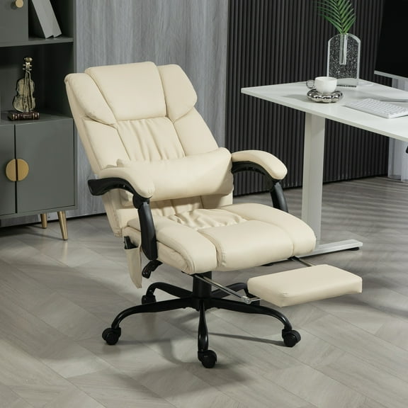 Vinsetto High Back Vibration Massage Office Chair with 6 Points, Height Adjustable Reclining Office Chair with Retractable Footrest and Remote, Beige