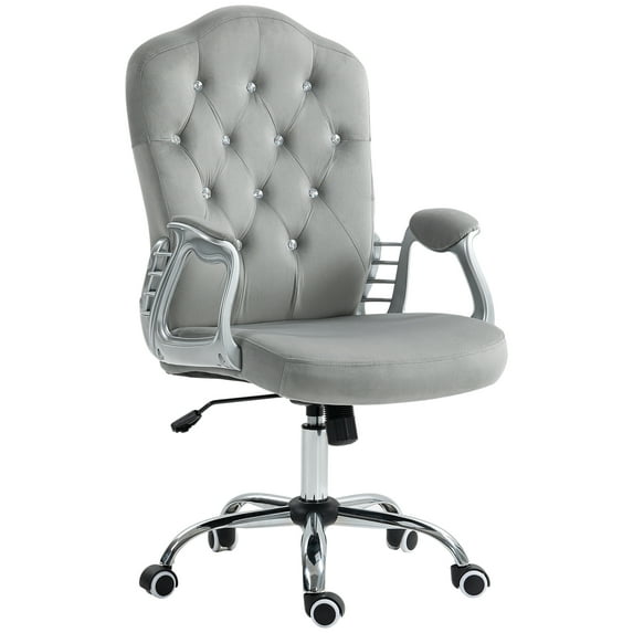 Vinsetto Home Office Chair, Velvet Computer Chair, Button Tufted Desk Chair With Swivel Wheels, Adjustable Height, And Tilt Function, Light Gray