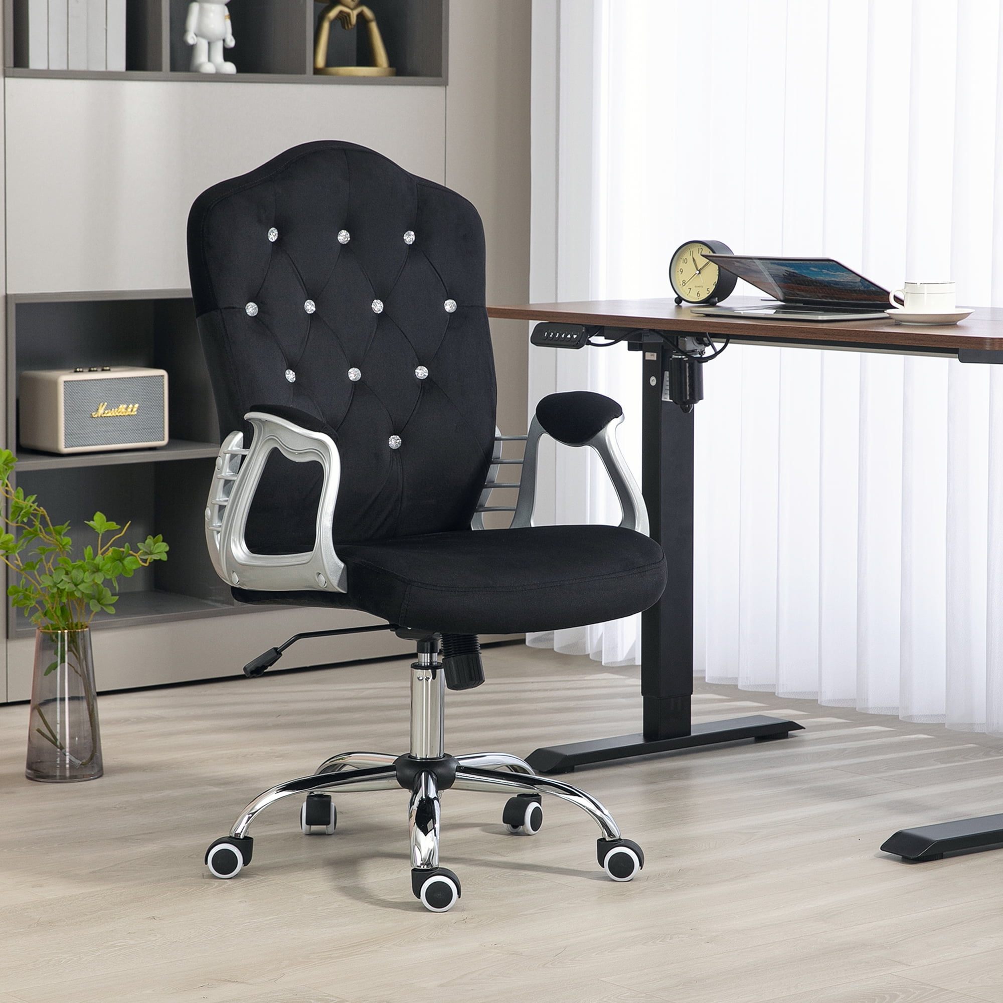 Black Velvet Button Tufted Swivel Task Chair with Fixed Arms
