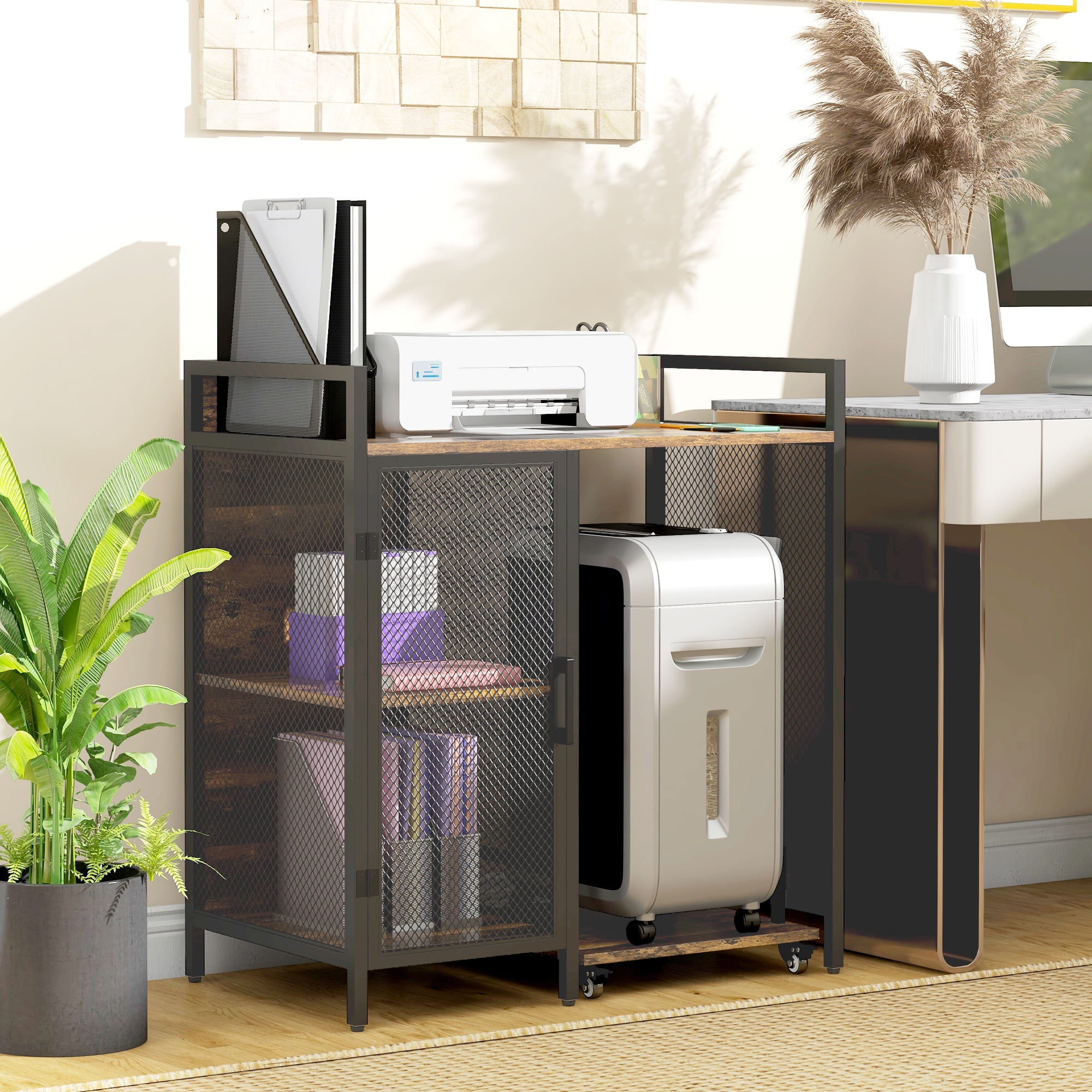 Rustic Brown Industrial Printer Stand with USB Ports and Adjustable Shelf