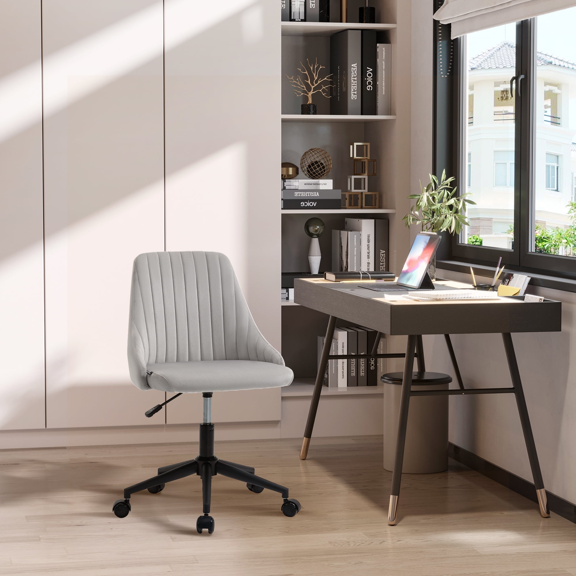 Vinsetto Mid Back Office Chair Velvet Fabric Swivel Scallop Shape Computer Desk Chair for Home Office or Bedroom Gray