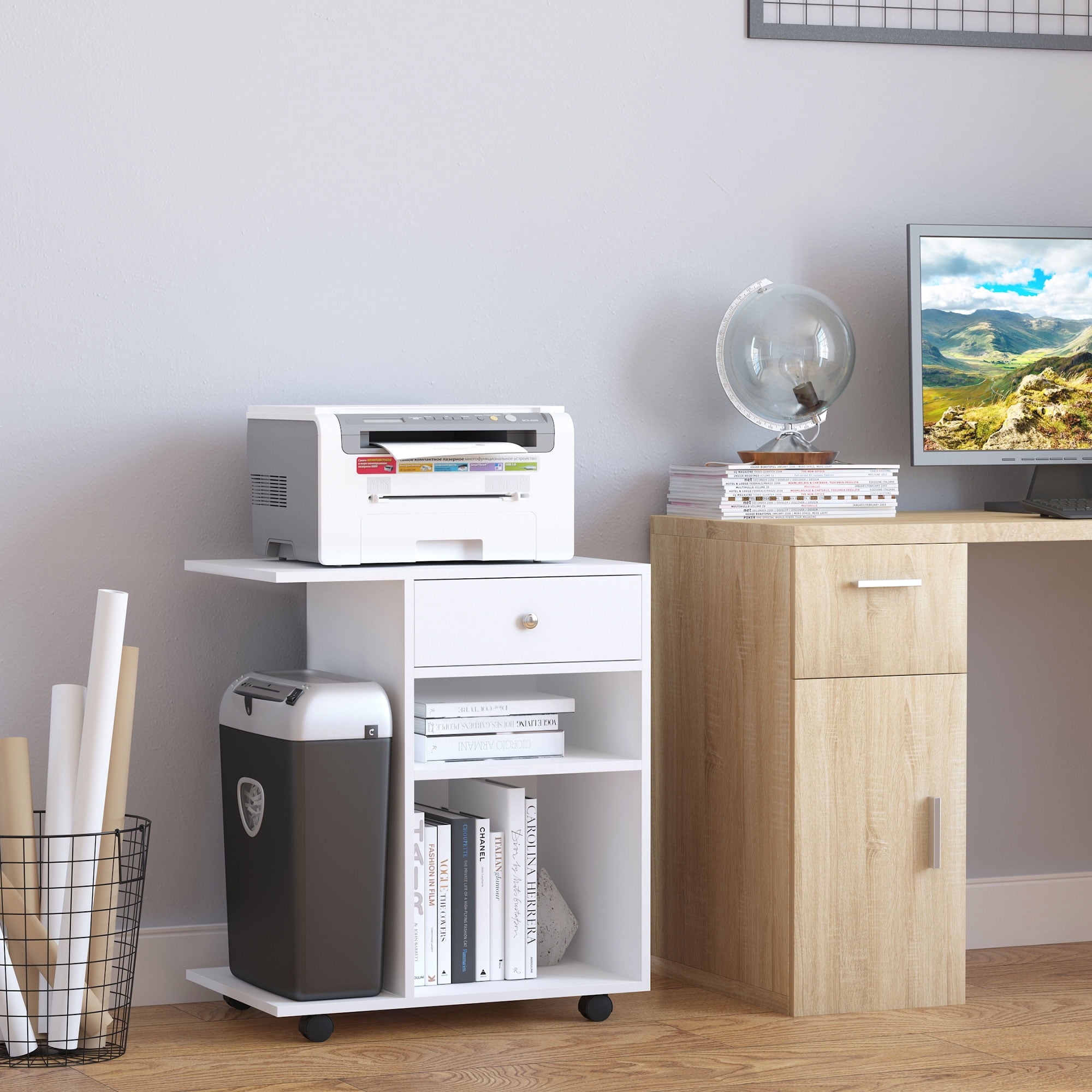 Vinsetto Mobile Printer Stand White 23.5 x 15.75 x 27 in White Standard Particleboard Adjustable Shelf Cabinet Cart 4 Wheels 2 Lockable