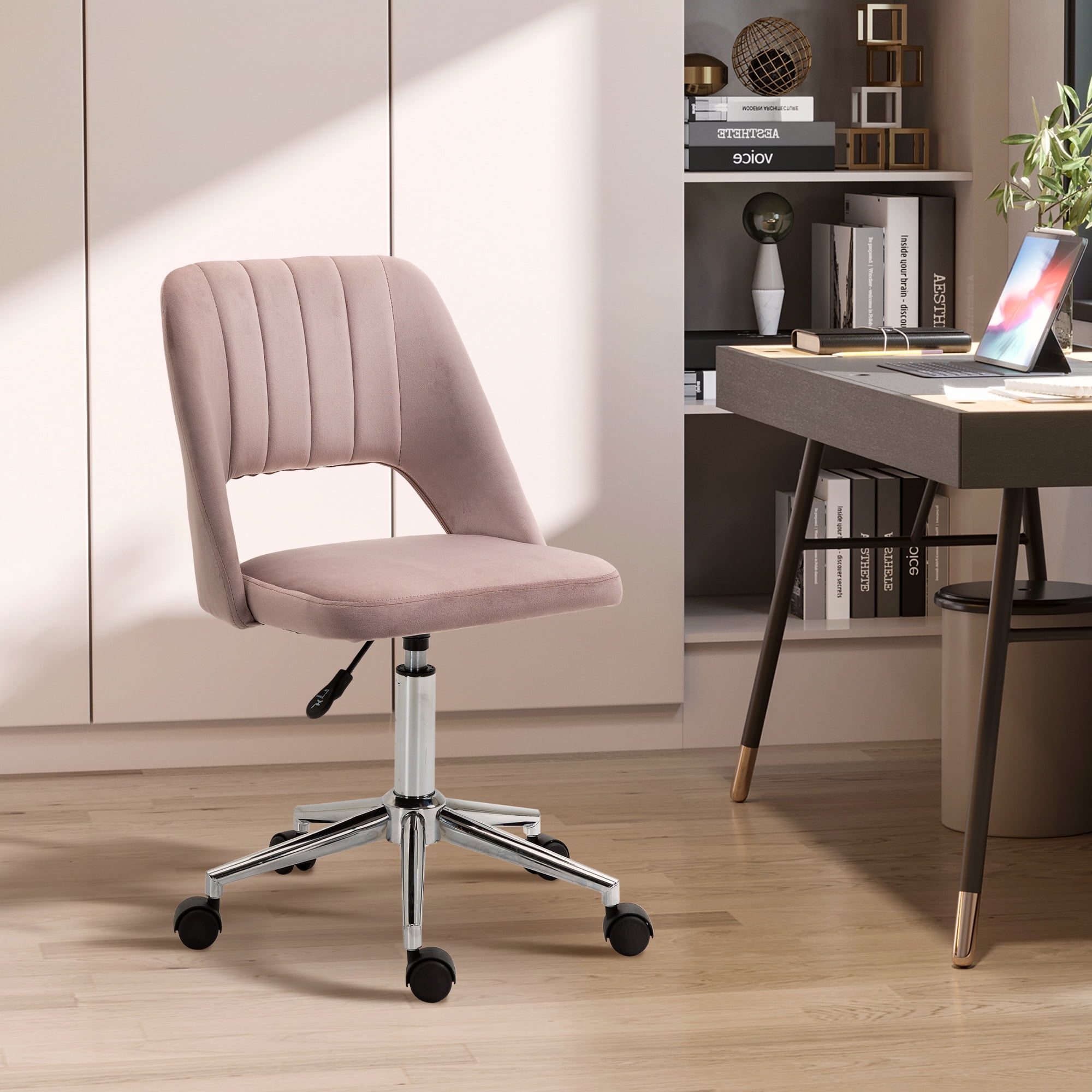 Modern Pink Velvet Armless Swivel Office Chair with Open Back