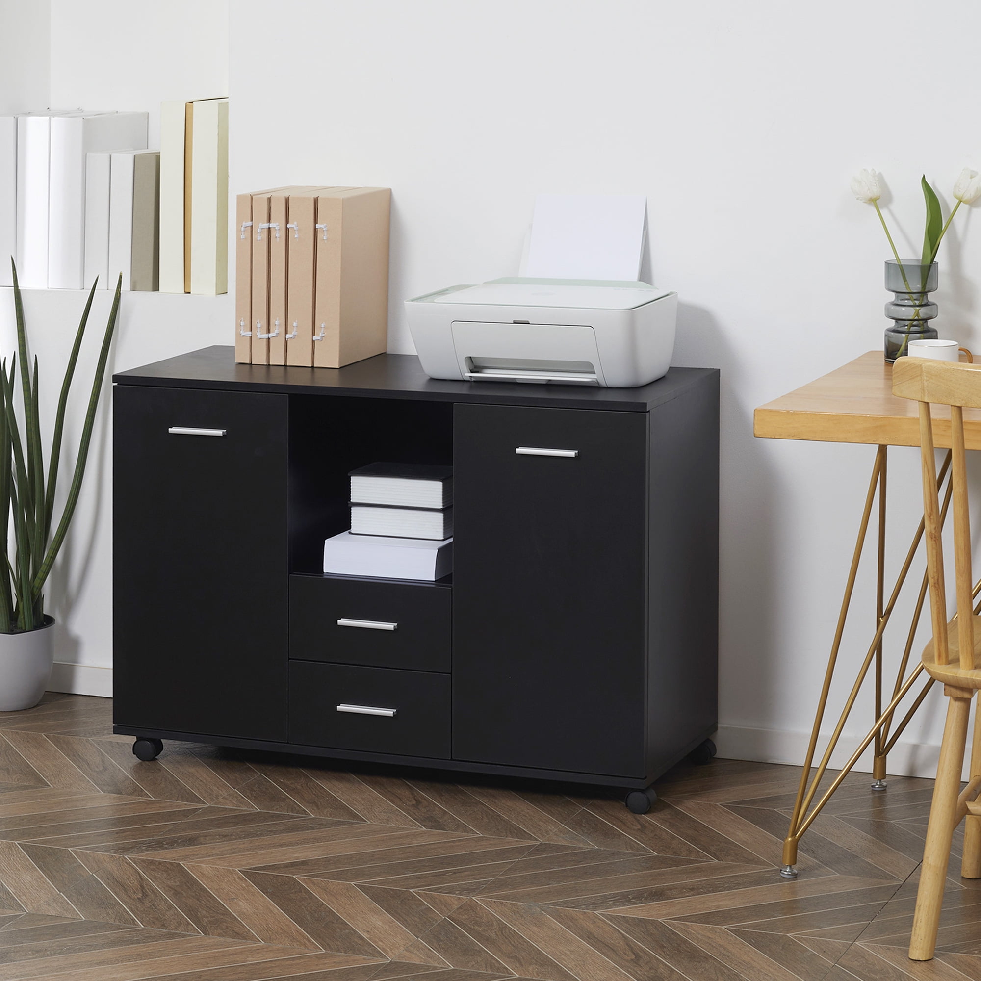 Black Particle Board Office Filing Cabinet with Drawers and Shelves