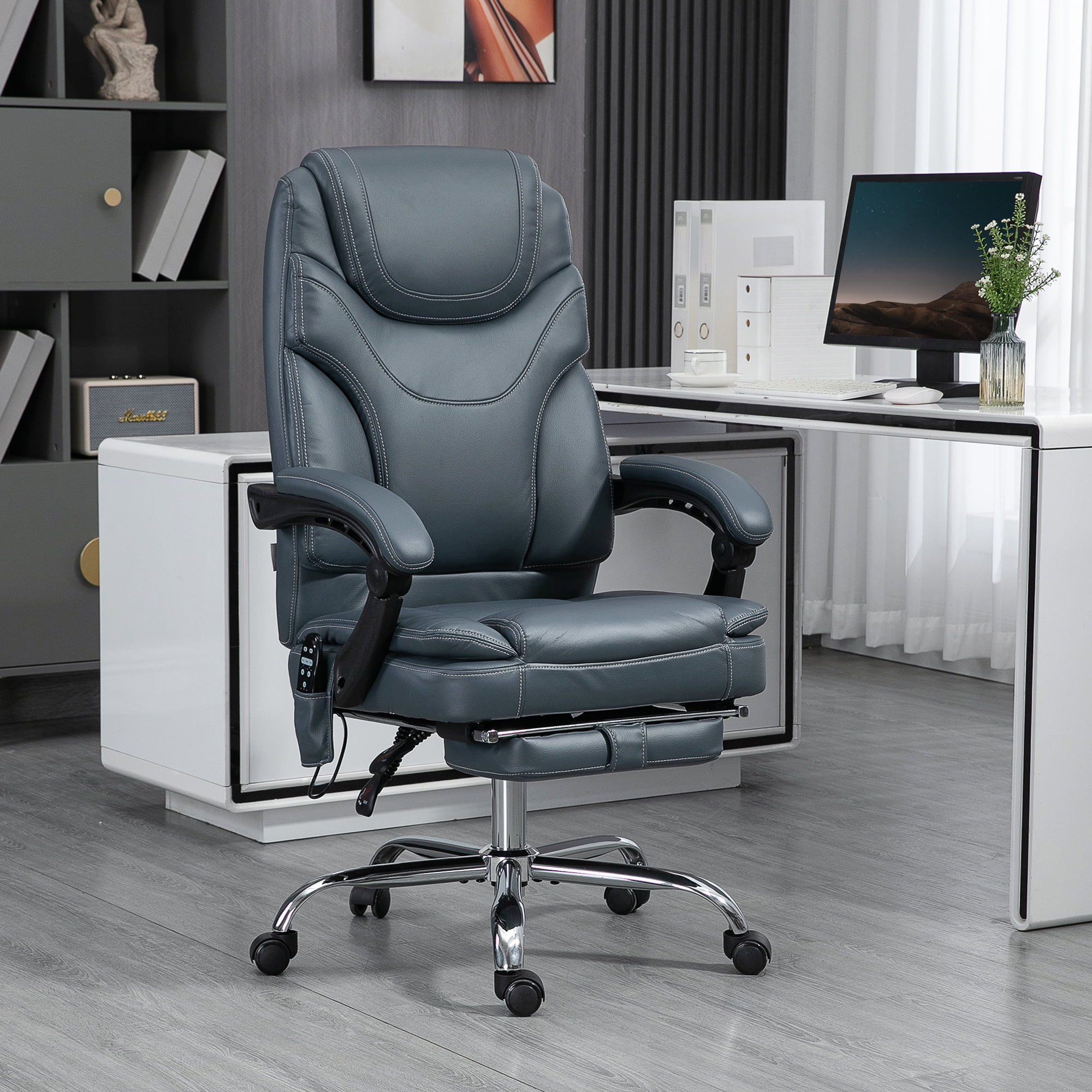 Gray PU Leather High Back Heated Massage Office Chair with Footrest