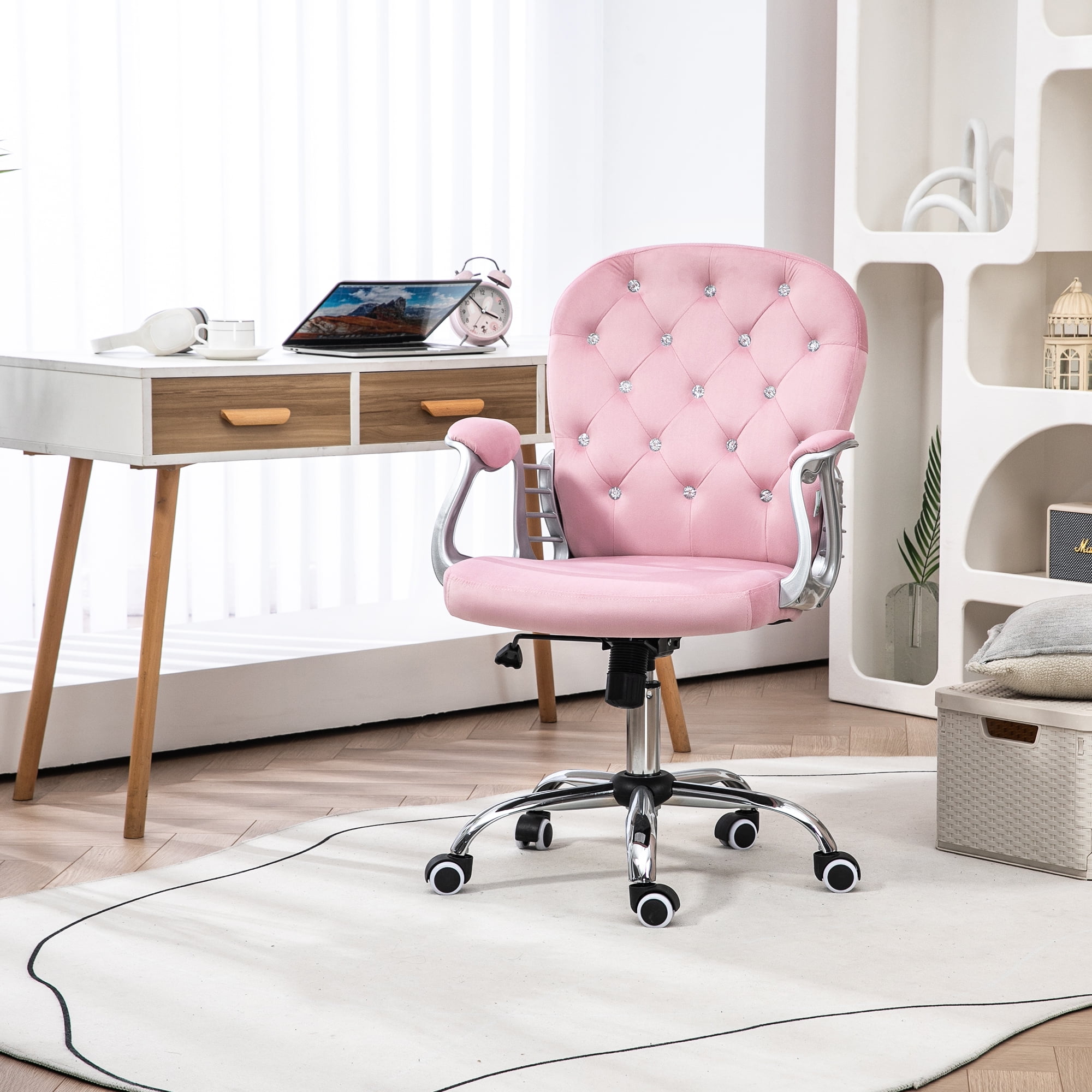 Vinsetto Vanity Velvet Mid Back Office Chair Swivel Tufted Backrest Task Chair with Padded Armrests, Adjustable Height, Rolling Wheels, Pink