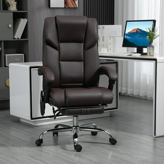 Vinsetto Massage Office Chair with 6 Vibration Points, Lumbar Heated PU Leather Reclining Computer Chair with Adjustable Height, Footrest, Brown
