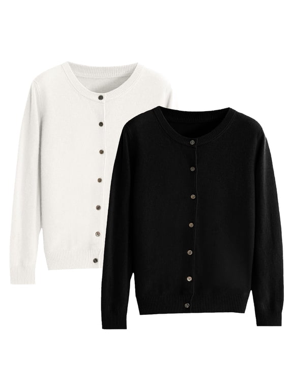 2 Pcs Women Cardigan Sweater Crewneck Button Down Long Sleeve Solid Color Lightweight Basic Knit Tops Casual Spring Fall Trendy Outerwear for Office Clothes Brown L
