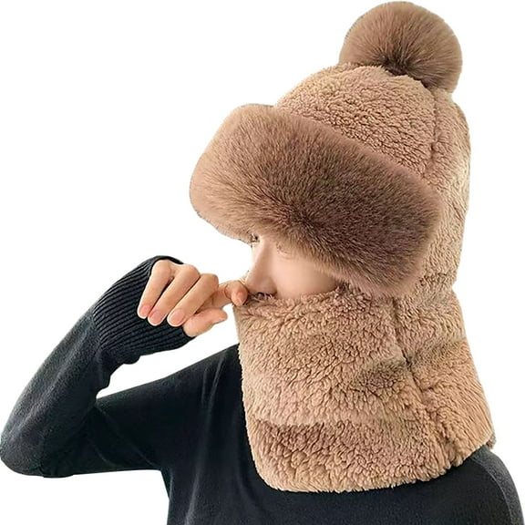 Vinsonshop 3 in 1 Beanie Hat with Scarf and Mask Ski Mask Beanie with Face Cover Warm Hats for Women Knit Hood Winter Hats for Women Thermal Knit Ski Mask Coffee A