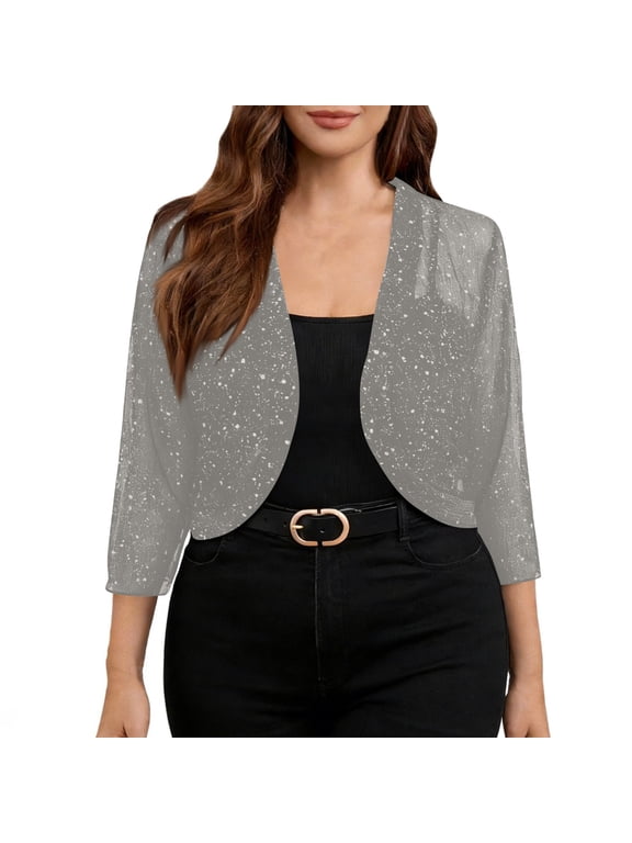 3/4 Sleeve Glitter Shrugs for Women Sparkly Bolero Open Front Cropped Cardigan Top Gray S